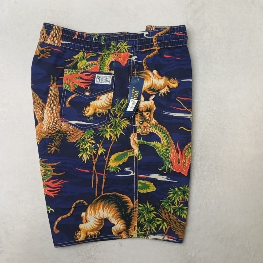 Polo Ralph Lauren Swim Trunks Mens 2XL Blue 8" Dragon Eagle Lined Drawstring